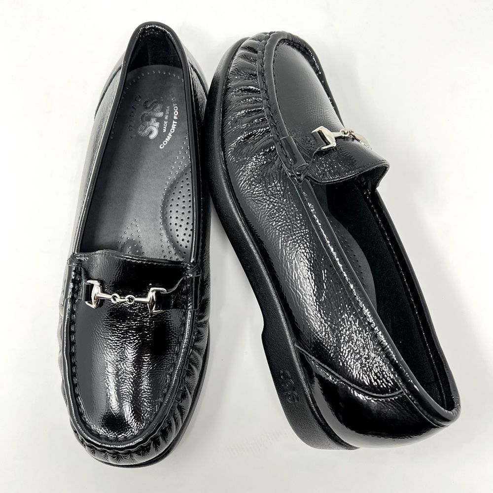 SAS Metro Black Patent Leather Moccasin Slip On Comfort Loafer Size 7WW, new